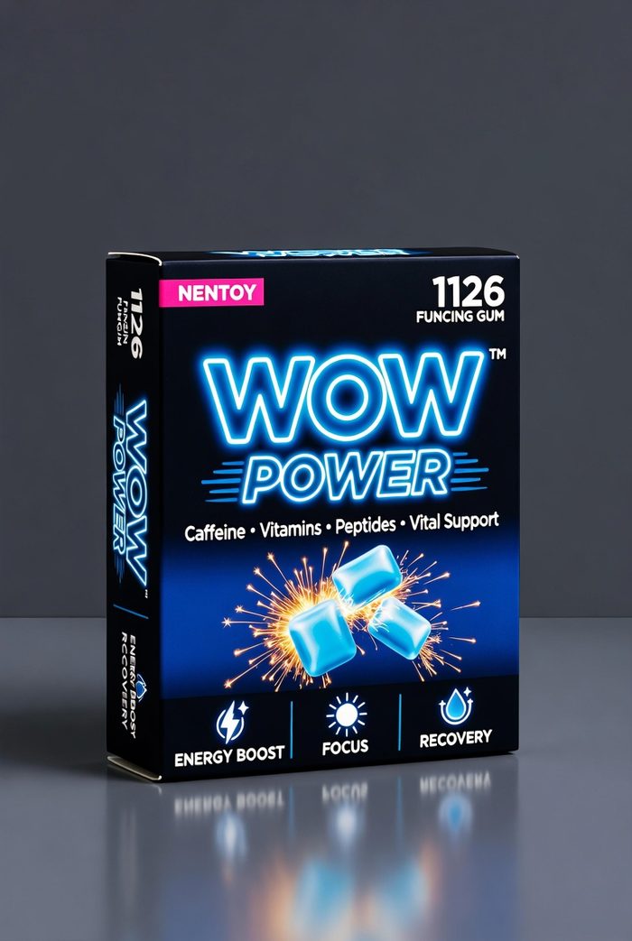 Wow Power functional gum box in black and electric blue with neon WOW POWER lettering, listing Caffeine, Vitamins, Peptides and Vital Support, and Energy Boost, Focus and Recovery icons